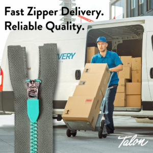 Man delivering boxes with title on picture reading "Fast Zipper Delivery. Reliable Quality." With another photo of a Talon zipper layered over the image.